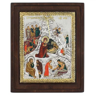 Греческая икона "Рождество Христово" 25X21, покрытие серебро 925⁰