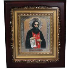 Икона св. прп. Феодосий Печерский, икона в киоте с камнями