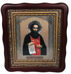 Икона св. прп. Феодосий Печерский, икона в фигурном киоте с камнями