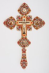 Крест напрестольный №4 5-финифтей, филигрань,эмаль,хим гравировка, Софрино